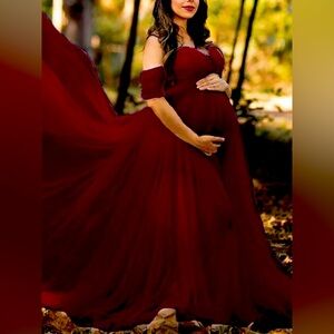 Burgundy Tulle and Lace Maternity Maxi Dress
